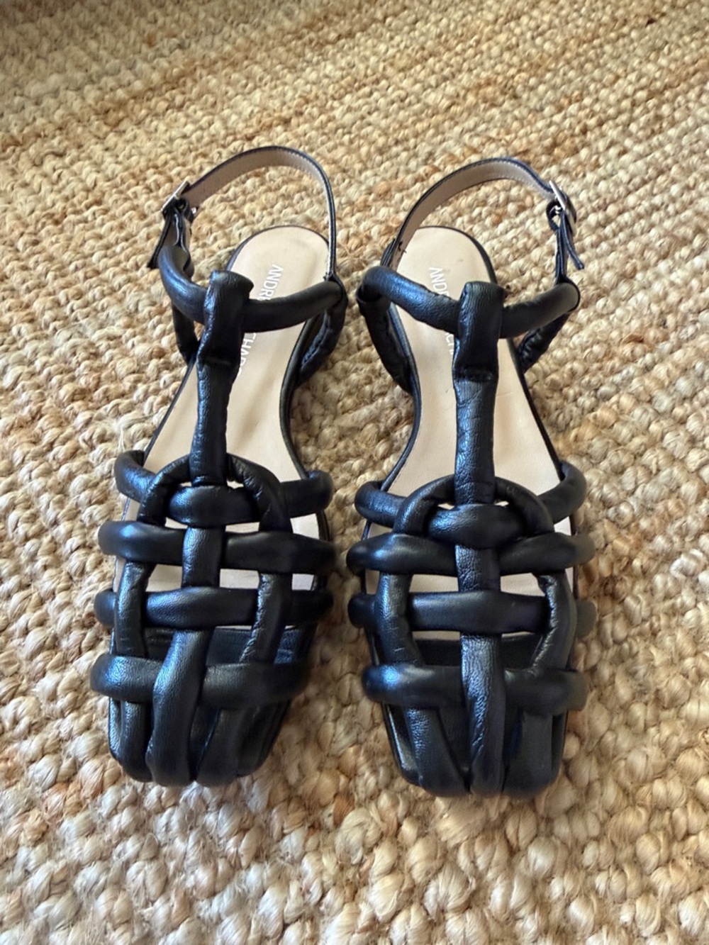 Braided Black Leather T-Strap Women's Sandals